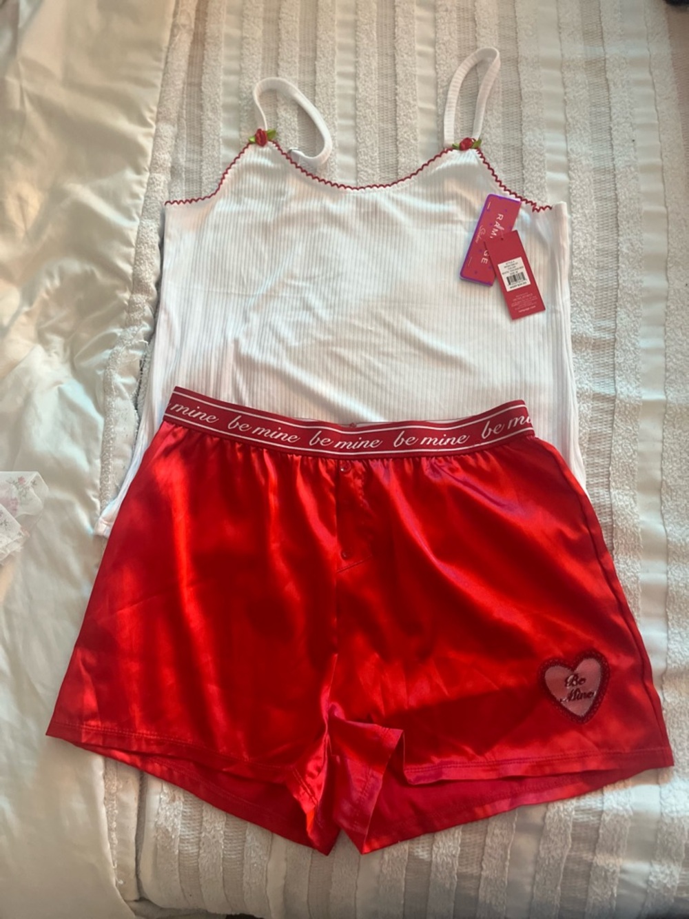 Rampage White Ribbed Cami with Red Satin Shorts Sleep Set